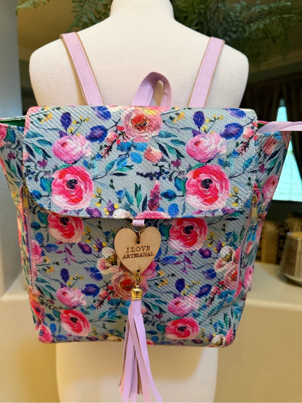 NWOT I Love Artesanal Made in Mexico Floral Pink Canvas Backpack